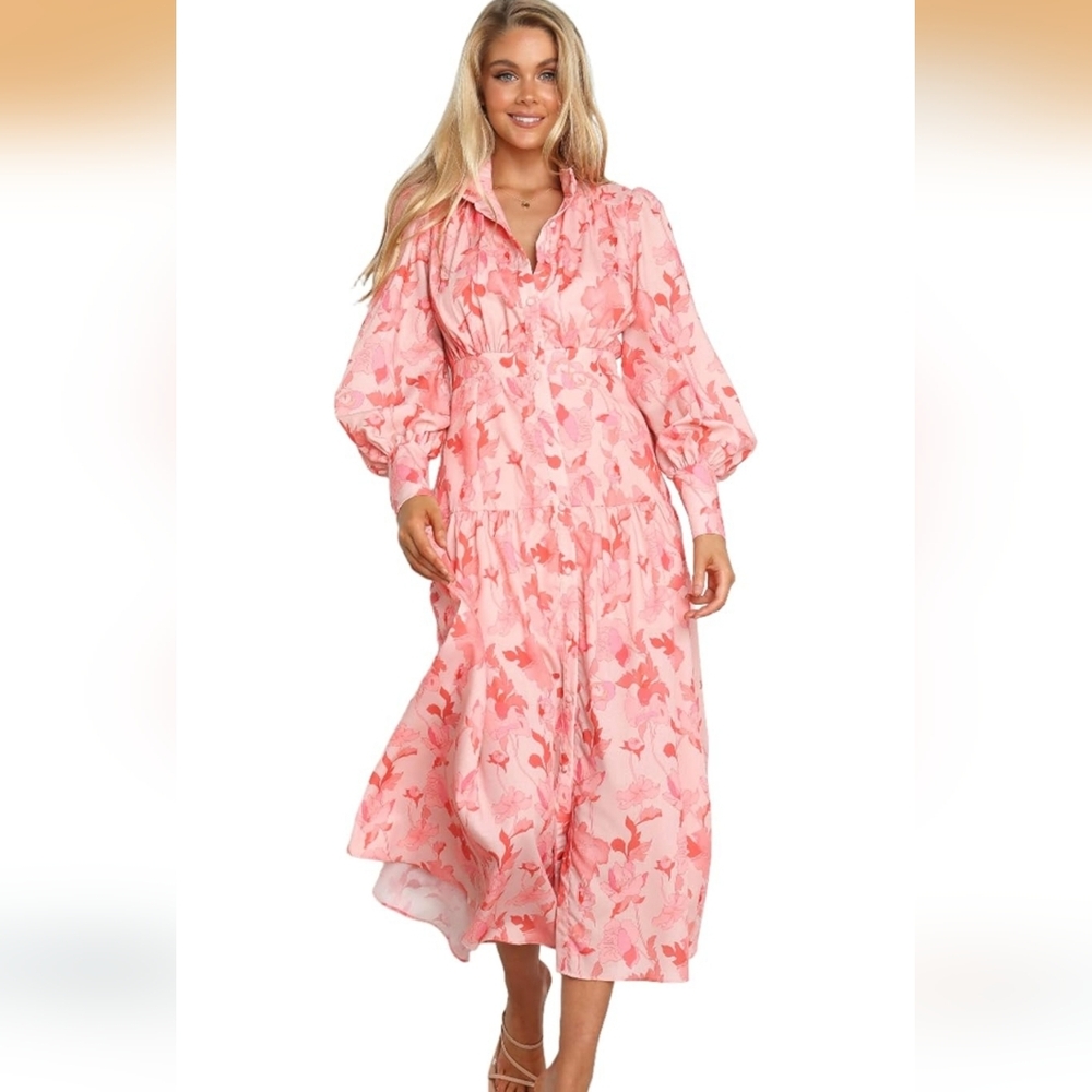 Petal & Pup Pink Floral Button-Front Long Sleeve Midi Dress